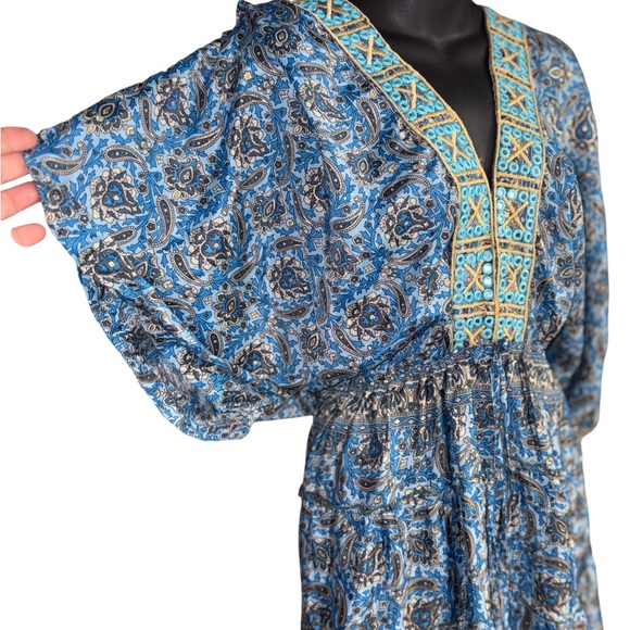 boho-style paisley print maxi dress V-neckline bell sleeves xl blue women - Picture 3 of 12